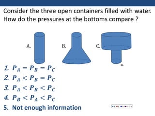 0%
0%
0%
0%
0%
1. 2. 3. 4. 5.
Consider the three open containers filled with water.
How do the pressures at the bottoms compare ?
1. 𝑷𝑨 = 𝑷𝑩 = 𝑷𝑪
2. 𝑷𝑨 < 𝑷𝑩 = 𝑷𝑪
3. 𝑷𝑨 < 𝑷𝑩 < 𝑷𝑪
4. 𝑷𝑩 < 𝑷𝑨 < 𝑷𝑪
5. Not enough information
A. B. C.
 