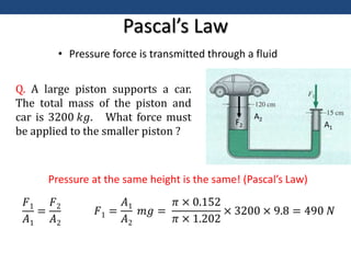 Pascal’s Law
Q. A large piston supports a car.
The total mass of the piston and
car is 3200 𝑘𝑔. What force must
be applied to the smaller piston ?
Pressure at the same height is the same! (Pascal’s Law)
𝐹1
𝐴1
=
𝐹2
𝐴2
𝐹1 =
𝐴1
𝐴2
𝑚𝑔 =
𝜋 × 0.152
𝜋 × 1.202
× 3200 × 9.8 = 490 𝑁
A1
A2
F2
• Pressure force is transmitted through a fluid
 