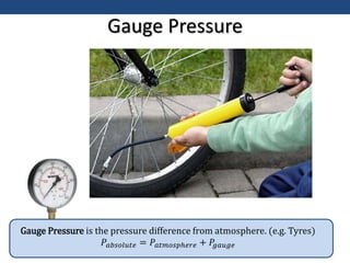 Gauge Pressure
Gauge Pressure is the pressure difference from atmosphere. (e.g. Tyres)
𝑃𝑎𝑏𝑠𝑜𝑙𝑢𝑡𝑒 = 𝑃𝑎𝑡𝑚𝑜𝑠𝑝ℎ𝑒𝑟𝑒 + 𝑃
𝑔𝑎𝑢𝑔𝑒
 