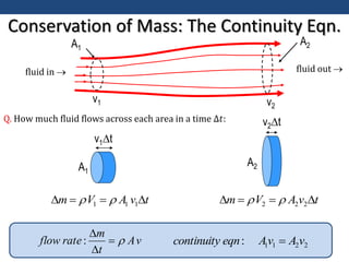 Conservation of Mass: The Continuity Eqn.
v1 v2
A1
A2
Q. How much fluid flows across each area in a time ∆𝑡:
v
A
t
m
rate
flow 



:
fluid in  fluid out 
t
v
A
V
m 


 1
1
1 

v1t
A1
v2t
A2
t
v
A
V
m 


 2
2
2 

2
2
1
1
: v
A
v
A
eqn
continuity 
 