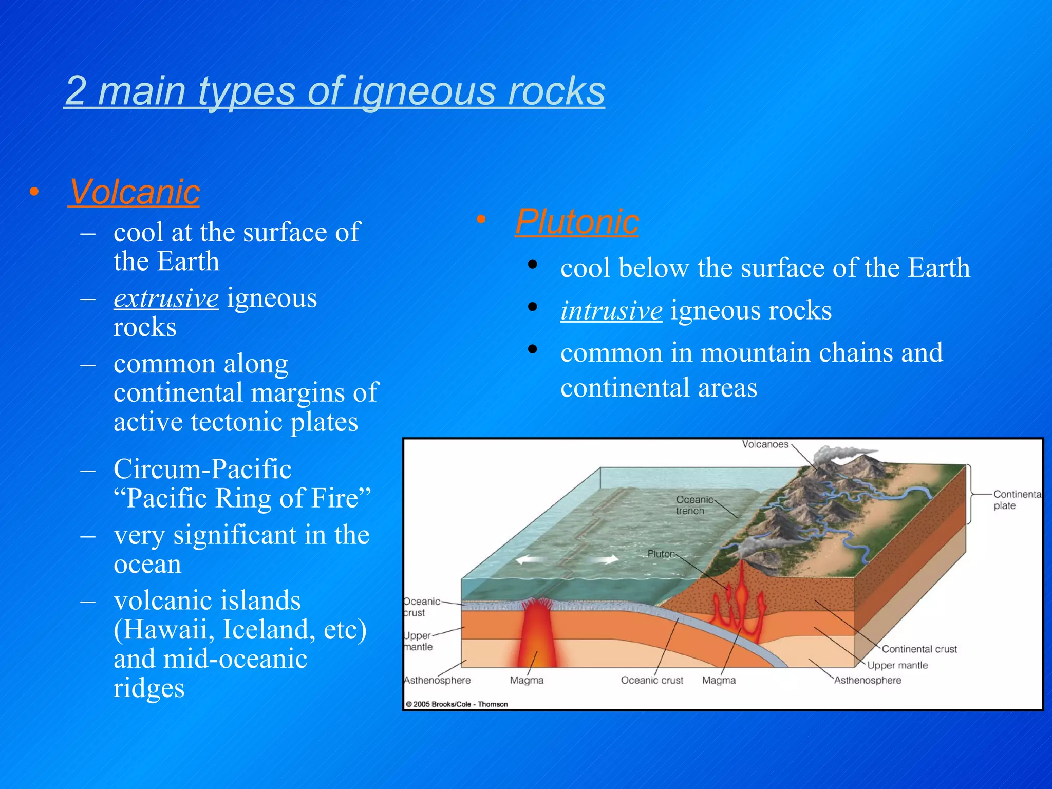 2 main types of igneous rocks Volcanic cool at the surface of the Earth extrusive  igneous rocks common along continental margins of active tectonic plates Circum-Pacific “Pacific Ring of Fire” very significant in the ocean volcanic islands (Hawaii, Iceland, etc) and mid-oceanic ridges Plutonic cool below the surface of the Earth intrusive  igneous rocks common in mountain chains and continental areas 