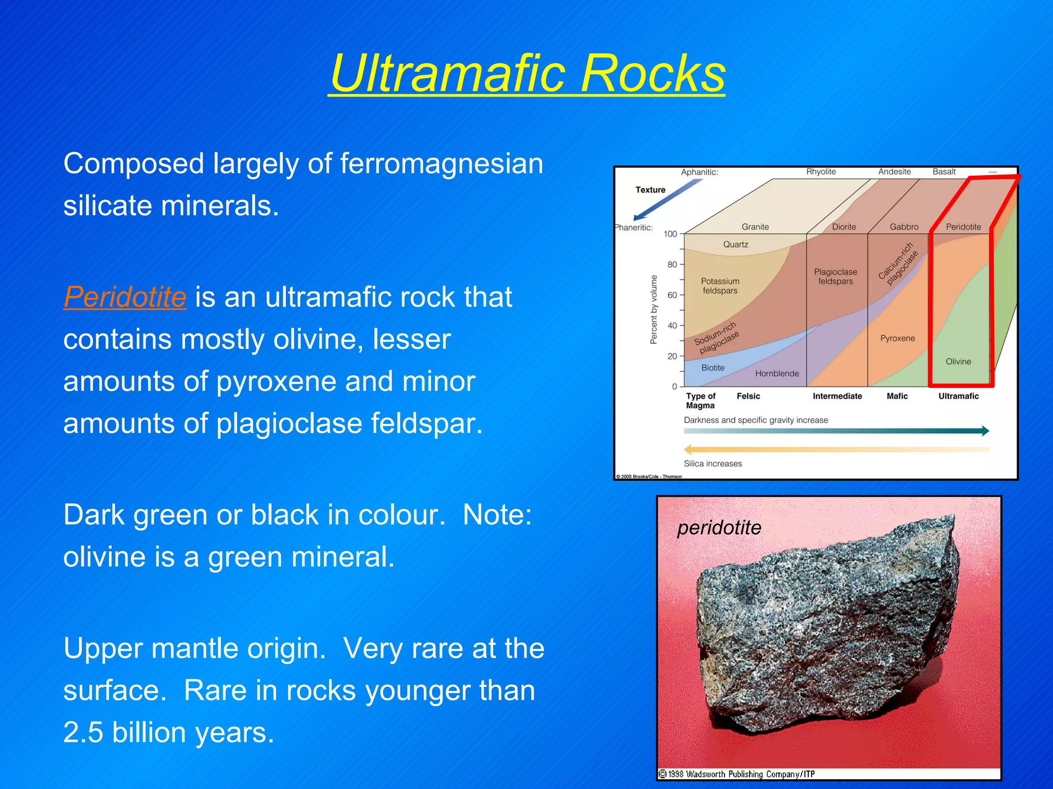 Ultramafic Rocks peridotite Composed largely of ferromagnesian silicate minerals. Peridotite  is an ultramafic rock that contains mostly olivine, lesser amounts of pyroxene and minor amounts of plagioclase feldspar. Dark green or black in colour.  Note: olivine is a green mineral.   Upper mantle origin.  Very rare at the surface.  Rare in rocks younger than 2.5 billion years.   