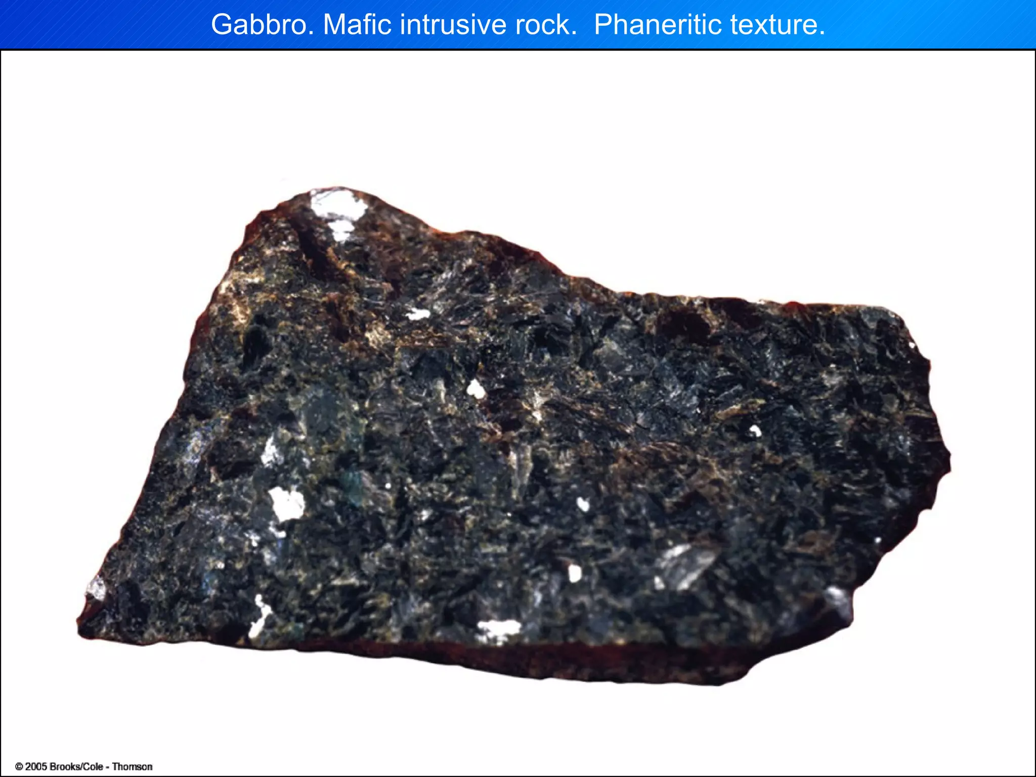 Gabbro. Mafic intrusive rock.  Phaneritic texture. 