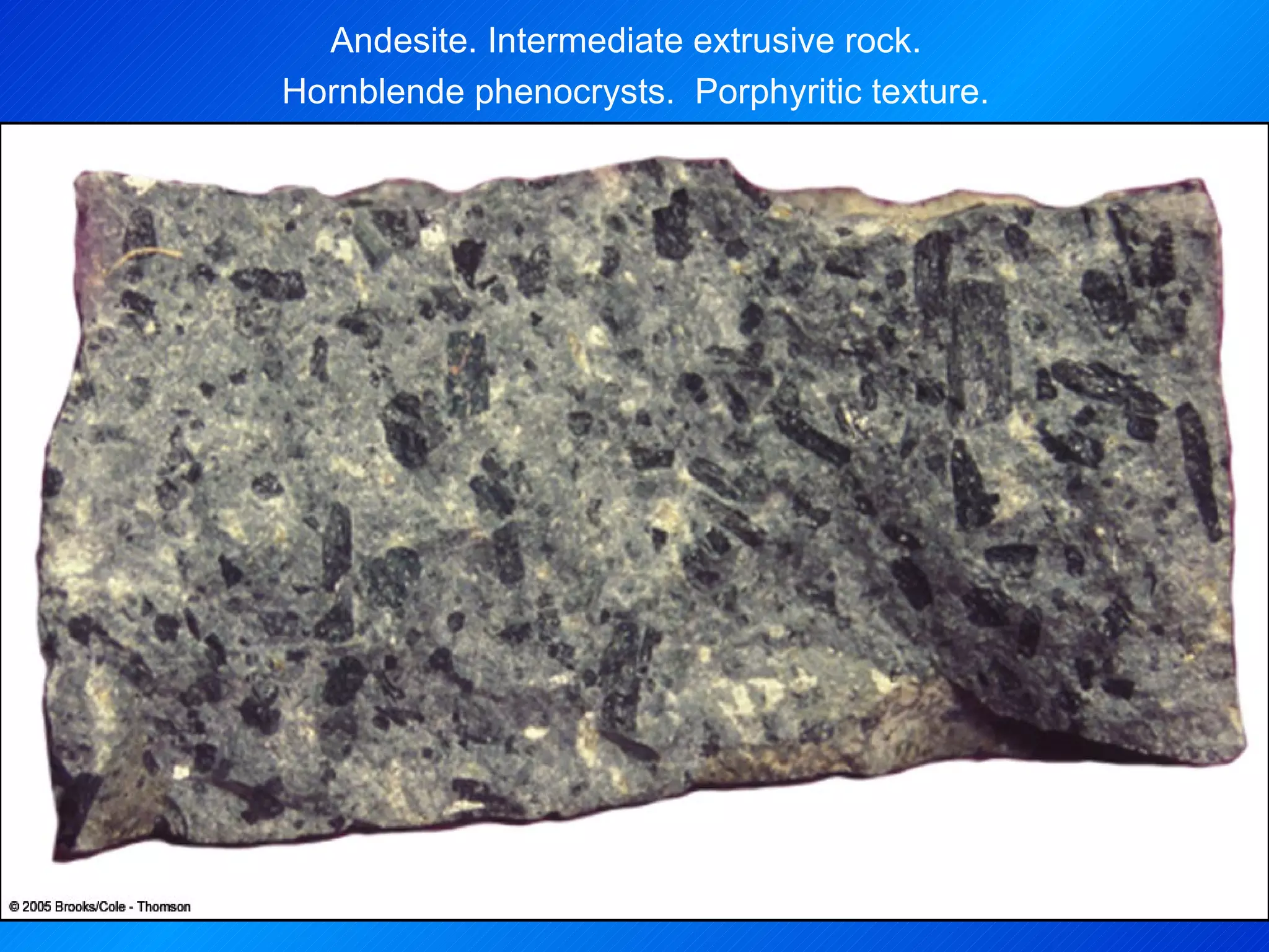 Andesite. Intermediate extrusive rock.  Hornblende phenocrysts.  Porphyritic texture. 