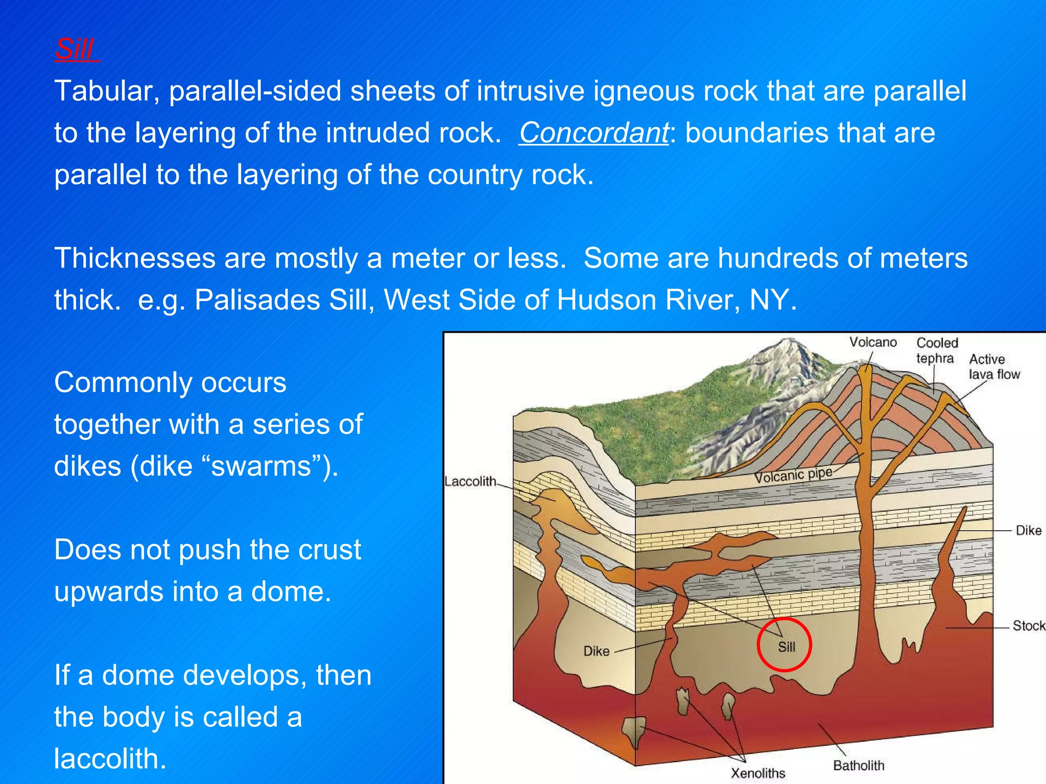 Sill  Tabular, parallel-sided sheets of intrusive igneous rock that are parallel to the layering of the intruded rock.  Concordant : boundaries that are parallel to the layering of the country rock.   Thicknesses are mostly a meter or less.  Some are hundreds of meters thick.  e.g. Palisades Sill, West Side of Hudson River, NY. Commonly occurs together with a series of dikes (dike “swarms”). Does not push the crust upwards into a dome.  If a dome develops, then the body is called a laccolith. 