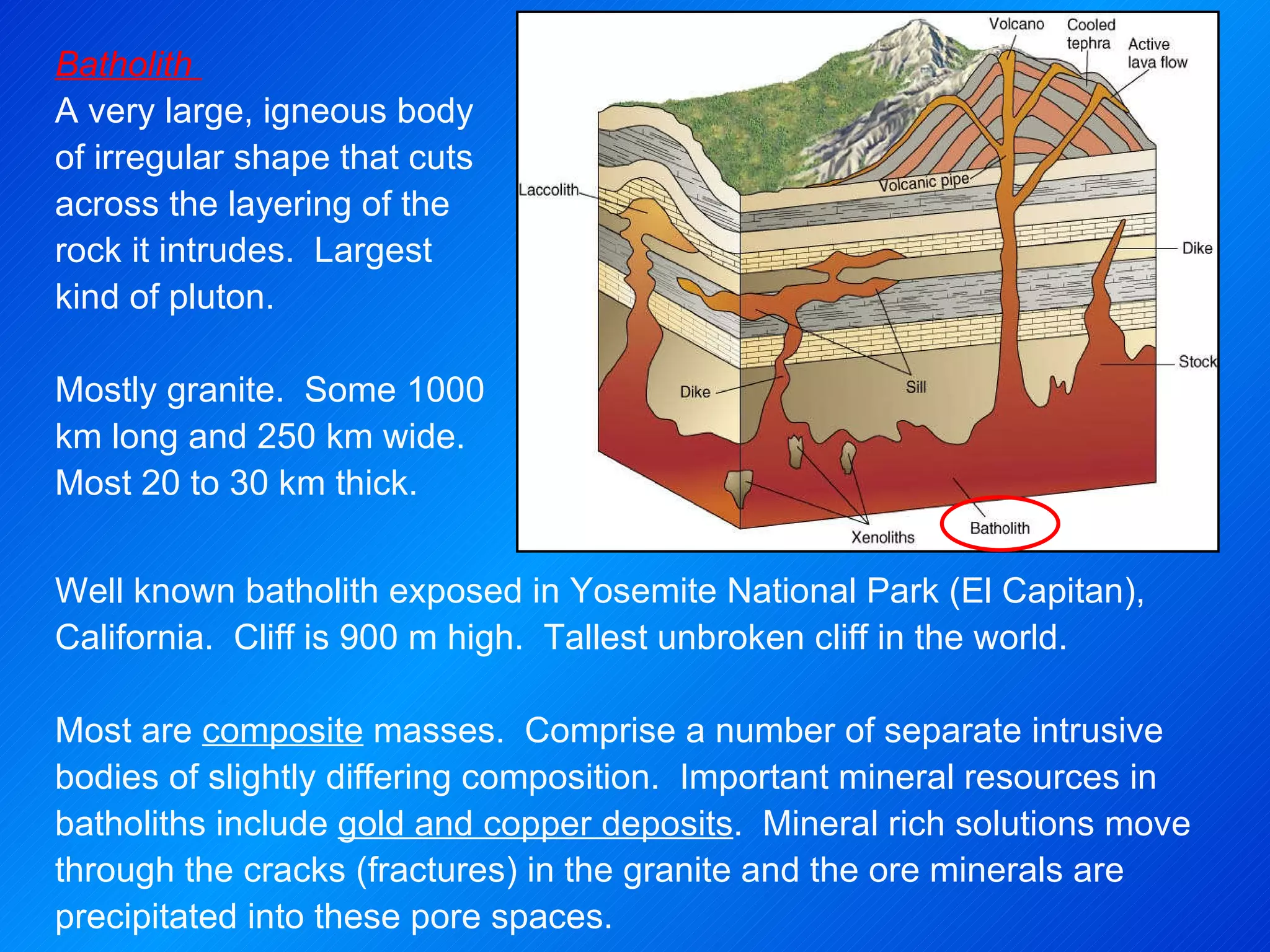 Batholith  A very large, igneous body of irregular shape that cuts across the layering of the rock it intrudes.  Largest kind of pluton.  Mostly granite.  Some 1000 km long and 250 km wide.  Most 20 to 30 km thick. Well known batholith exposed in Yosemite National Park (El Capitan), California.  Cliff is 900 m high.  Tallest unbroken cliff in the world.   Most are  composite  masses.  Comprise a number of separate intrusive bodies of slightly differing composition.  Important mineral resources in batholiths include  gold and copper deposits .  Mineral rich solutions move through the cracks (fractures) in the granite and the ore minerals are precipitated into these pore spaces. 
