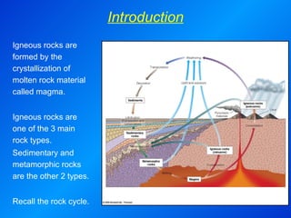 Introduction Igneous rocks are formed by the crystallization of molten rock material called magma.   Igneous rocks are one of the 3 main rock types. Sedimentary and metamorphic rocks are the other 2 types.   Recall the rock cycle.   