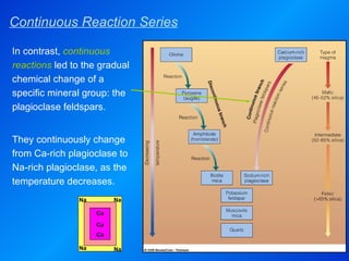 Continuous Reaction Series In contrast,  continuous reactions  led to the gradual chemical change of a specific mineral group: the plagioclase feldspars. They continuously change from Ca-rich plagioclase to Na-rich plagioclase, as the temperature decreases. Ca Na Na Na Na Ca Ca 