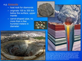 e.g.  Kimberlite host rock for diamonds originate 100 to 300 km below the surface, upper mantle carrot-shaped pipe, no more than a few hundred meters in diameter Diamond mining in Russia is big business, boasting to have some of the clearest diamonds in the world. Picture shows a general view of one of Russia's biggest kimberlite pipes, Mir, near the town of Mirny in western Yakutia region, August 30, 2001. Mir, discovered in 1955, was the first kimberlite pipe of the former Soviet Union. The kimberlite pipes located in Yakutia remain Russia's main source of diamonds.  