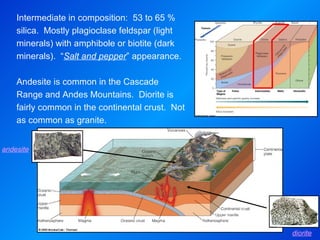 andesite diorite Intermediate in composition:  53 to 65 % silica.  Mostly plagioclase feldspar (light minerals) with amphibole or biotite (dark minerals).  “ Salt and pepper ” appearance. Andesite is common in the Cascade Range and Andes Mountains.  Diorite is fairly common in the continental crust.  Not as common as granite. 