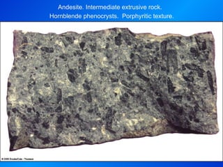 Andesite. Intermediate extrusive rock.  Hornblende phenocrysts.  Porphyritic texture. 