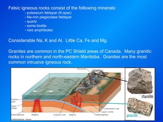 rhyolite granite Felsic igneous rocks consist of the following minerals: - potassium feldspar (K-spar) - Na-rich plagioclase feldspar - quartz - some biotite  - rare amphiboles   Considerable Na, K and Al.  Little Ca, Fe and Mg.   Granites are common in the PC Shield areas of Canada.  Many granitic rocks in northern and north-eastern Manitoba.  Granites are the most common intrusive igneous rock. 