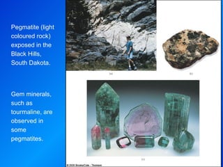 Pegmatite (light coloured rock) exposed in the Black Hills, South Dakota. Gem minerals, such as tourmaline, are observed in some pegmatites. 