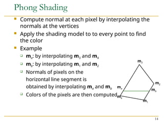 14
Phong Shading
 Compute normal at each pixel by interpolating the
normals at the vertices
 Apply the shading model to to every point to find
the color
 Example
 ma: by interpolating m3 and m4
 mb: by interpolating m1 and m2
 Normals of pixels on the
horizontal line segment is
obtained by interpolating ma and mb
 Colors of the pixels are then computed
m1
m2
m3
m4
ma
mb
 