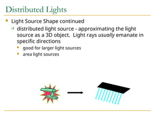 Distributed Lights
 Light Source Shape continued
 distributed light source - approximating the light
source as a 3D object. Light rays usually emanate in
specific directions
 good for larger light sources
 area light sources
 