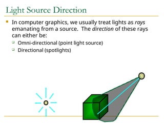Light Source Direction
 In computer graphics, we usually treat lights as rays
emanating from a source. The direction of these rays
can either be:
 Omni-directional (point light source)
 Directional (spotlights)
 