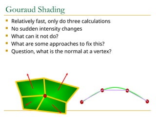 Gouraud Shading
 Relatively fast, only do three calculations
 No sudden intensity changes
 What can it not do?
 What are some approaches to fix this?
 Question, what is the normal at a vertex?
 