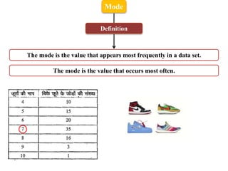 Mode
The mode is the value that appears most frequently in a data set.
Definition
The mode is the value that occurs most often.
 