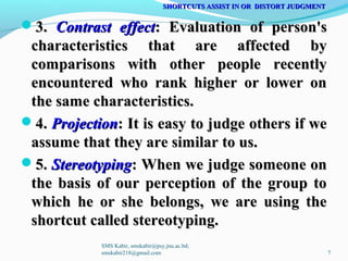 3.3. Contrast effectContrast effect: Evaluation of person's: Evaluation of person's
characteristics that are affected bycharacteristics that are affected by
comparisons with other people recentlycomparisons with other people recently
encountered who rank higher or lower onencountered who rank higher or lower on
the same characteristics.the same characteristics.
4.4. ProjectionProjection: It is easy to judge others if we: It is easy to judge others if we
assume that they are similar to us.assume that they are similar to us.
5.5. StereotypingStereotyping: When we judge someone on: When we judge someone on
the basis of our perception of the group tothe basis of our perception of the group to
which he or she belongs, we are using thewhich he or she belongs, we are using the
shortcut called stereotyping.shortcut called stereotyping.
SHORTCUTS ASSIST IN OR DISTORT JUDGMENTSHORTCUTS ASSIST IN OR DISTORT JUDGMENT
SMS Kabir, smskabir@psy.jnu.ac.bd;
smskabir218@gmail.com 7
 