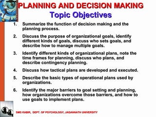 PLANNING AND DECISION MAKINGPLANNING AND DECISION MAKING
Topic ObjectivesTopic Objectives
1.1. Summarize the function of decision making and theSummarize the function of decision making and the
planning process.planning process.
2.2. Discuss the purpose of organizational goals, identifyDiscuss the purpose of organizational goals, identify
different kinds of goals, discuss who sets goals, anddifferent kinds of goals, discuss who sets goals, and
describe how to manage multiple goals.describe how to manage multiple goals.
3.3. Identify different kinds of organizational plans, note theIdentify different kinds of organizational plans, note the
time frames for planning, discuss who plans, andtime frames for planning, discuss who plans, and
describe contingency planning.describe contingency planning.
4.4. Discuss how tactical plans are developed and executed.Discuss how tactical plans are developed and executed.
5.5. Describe the basic types of operational plans used byDescribe the basic types of operational plans used by
organizations.organizations.
6.6. Identify the major barriers to goal setting and planning,Identify the major barriers to goal setting and planning,
how organizations overcome those barriers, and how tohow organizations overcome those barriers, and how to
use goals to implement plans.use goals to implement plans.
SMS KABIR, DEPT. OF PSYCHOLOGY, JAGANNATH UNIVERSITYSMS KABIR, DEPT. OF PSYCHOLOGY, JAGANNATH UNIVERSITY
 