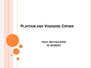 PLAYFAIR AND VIGENERE CIPHER
Name: Md Fazle Rabbi
ID:16CSE057
 