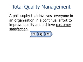 Total Quality Management
A philosophy that involves everyone in
an organization in a continual effort to
improve quality and achieve customer
satisfaction.
T

Q

M

 