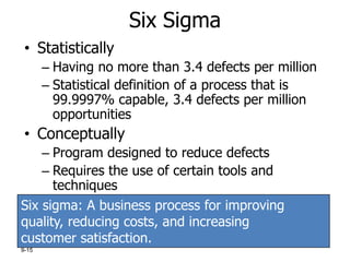 Six Sigma
• Statistically
– Having no more than 3.4 defects per million
– Statistical definition of a process that is
99.9997% capable, 3.4 defects per million
opportunities

• Conceptually
– Program designed to reduce defects
– Requires the use of certain tools and
techniques
Six sigma: A business process for improving
quality, reducing costs, and increasing
customer satisfaction.
9-15

 