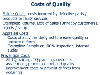 Costs of Quality
Failure Costs - costs incurred by defective parts /
products or faulty services
Examples: Returns, Lost of Sales (Unhappy customers),
rejects / scrap
Appraisal Costs
Costs of activities designed to ensure quality or
uncover defects
Examples: Sample or 100% inspection, internal
audits
Prevention Costs
All TQ training, TQ planning, customer
assessment, process control and quality
improvement costs to prevent defects from
occurring

 