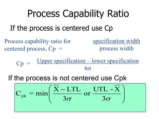 Process Capability Ratio
If the process is centered use Cp
Process capability ratio for
centered process, Cp =
Cp =

specification width
process width

Upper specification – lower specification
6

If the process is not centered use Cpk
C pk

 X  LTL
UTL - X 

= min 
or


3
3



 