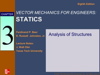Eighth Edition

6
3

CHAPTER

VECTOR MECHANICS FOR ENGINEERS:

STATICS

3

Ferdinand P. Beer
E. Russell Johnston, Jr.

Analysis of Structures

Lecture Notes:
J. Walt Oler
Texas Tech University

© 2007 The McGraw-Hill Companies, Inc. All rights reserved.

 