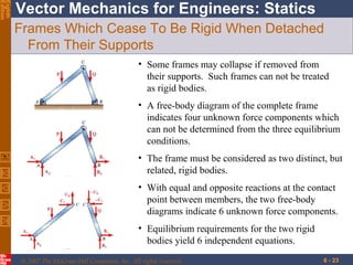 Eighth
Edition

Vector Mechanics for Engineers: Statics
Frames Which Cease To Be Rigid When Detached
From Their Supports
• Some frames may collapse if removed from
their supports. Such frames can not be treated
as rigid bodies.
• A free-body diagram of the complete frame
indicates four unknown force components which
can not be determined from the three equilibrium
conditions.
• The frame must be considered as two distinct, but
related, rigid bodies.
• With equal and opposite reactions at the contact
point between members, the two free-body
diagrams indicate 6 unknown force components.
• Equilibrium requirements for the two rigid
bodies yield 6 independent equations.
© 2007 The McGraw-Hill Companies, Inc. All rights reserved.

6 - 23

 
