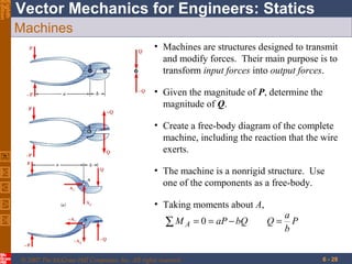 Eighth
Edition

Vector Mechanics for Engineers: Statics
Machines
• Machines are structures designed to transmit
and modify forces. Their main purpose is to
transform input forces into output forces.
• Given the magnitude of P, determine the
magnitude of Q.
• Create a free-body diagram of the complete
machine, including the reaction that the wire
exerts.
• The machine is a nonrigid structure. Use
one of the components as a free-body.
• Taking moments about A,

∑ M A = 0 = aP − bQ
© 2007 The McGraw-Hill Companies, Inc. All rights reserved.

Q=

a
P
b
6 - 28

 