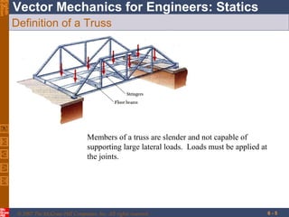 Eighth
Edition

Vector Mechanics for Engineers: Statics
Definition of a Truss

Members of a truss are slender and not capable of
supporting large lateral loads. Loads must be applied at
the joints.

© 2007 The McGraw-Hill Companies, Inc. All rights reserved.

6-5

 
