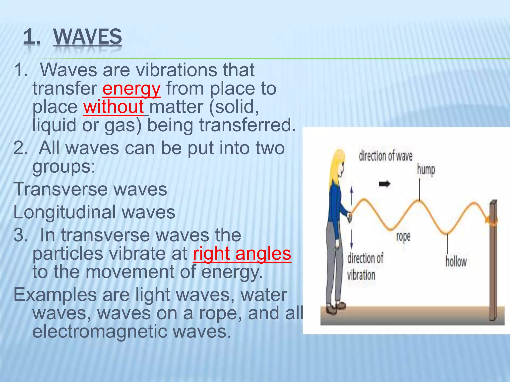 1. WAVES
1. Waves are vibrations that
transfer energy from place to
place without matter (solid,
liquid or gas) being transferred.
2. All waves can be put into two
groups:
Transverse waves
Longitudinal waves
3. In transverse waves the
particles vibrate at right angles
to the movement of energy.
Examples are light waves, water
waves, waves on a rope, and all
electromagnetic waves.
 