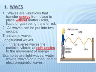 1. WAVES
1. Waves are vibrations that
transfer energy from place to
place without matter (solid,
liquid or gas) being transferred.
2. All waves can be put into two
groups:
Transverse waves
Longitudinal waves
3. In transverse waves the
particles vibrate at right angles
to the movement of energy.
Examples are light waves, water
waves, waves on a rope, and all
electromagnetic waves.
 