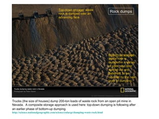 Top-down storage: waste
                                       rock is dumped over an
                                                                                Rock dumps
                                       advancing face.




                                                                                Bottom-up storage:
                                                                                waste rock is
                                                                                dumped in a series
                                                                                of piles, and later
                                                                                spread out and
                                                                                flattened, to be
                                                                                covered by the next
                                                                                layer of dumping.




Trucks (the size of houses) dump 200-ton loads of waste rock from an open pit mine in
Nevada. A composite storage approach is used here: top-down dumping is following after
an earlier phase of bottom-up dumping.
http://science.nationalgeographic.com/science/enlarge/dumping-waste-rock.html
 