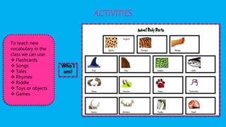 ACTIVITIES
To teach new
vocabulary in the
class we can use:
 Flashcards
 Songs
 Tales
 Rhymes
 Riddle
 Toys or objects
 Games
Who I
am?
 