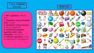 What’s this?
5 ways of eliciting
language:
1. Wh- questions : What's
this?
2. Questions using intonation
only: A dog?
3. Questions using inversion:
Is this an elephant?
4. Unfinished sentence
questions with rising
intonation: This was a . .. ?
5. Either/or questions: Is this
an elephant or a kangaroo?
 