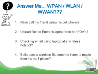Answer Me…. WPAN / WLAN /
WWAN???
1. Naim call his friend using his cell phone?
2. Upload files to Emma’s laptop from her PDA’s?
3. Checking email using laptop at a wireless
hotspot?
4. Bella uses a wireless Bluetooth to listen to music
from his mp3 player?
 