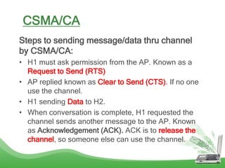 CSMA/CA
Steps to sending message/data thru channel
by CSMA/CA:
• H1 must ask permission from the AP. Known as a
Request to Send (RTS)
• AP replied known as Clear to Send (CTS). If no one
use the channel.
• H1 sending Data to H2.
• When conversation is complete, H1 requested the
channel sends another message to the AP. Known
as Acknowledgement (ACK). ACK is to release the
channel, so someone else can use the channel.
 