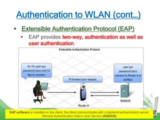 Authentication to WLAN (cont…)
 Extensible Authentication Protocol (EAP)
 EAP provides two-way, authentication as well as
user authentication.
EAP software is installed on the client, the client communicates with a backend authentication server:
Remote Authentication Dial-in User Service (RADIUS)
 