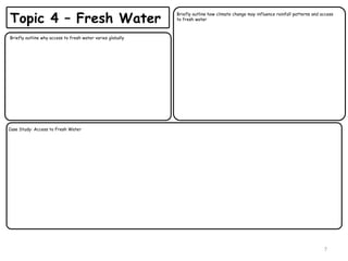 Topic 4 – Fresh Water
Briefly outline why access to fresh water varies globally
Case Study: Access to Fresh Water
Briefly outline how climate change may influence rainfall patterns and access
to fresh water
7
 