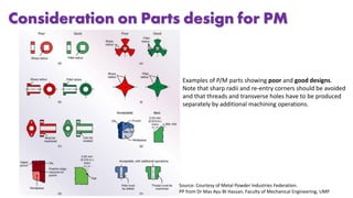 Consideration on Parts design for PM
Examples of P/M parts showing poor and good designs.
Note that sharp radii and re-entry corners should be avoided
and that threads and transverse holes have to be produced
separately by additional machining operations.
Source: Courtesy of Metal Powder Industries Federation.
PP from Dr Mas Ayu Bt Hassan, Faculty of Mechanical Engineering, UMP
 