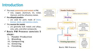 Introduction
 The most commonly used metals in PM:
 iron, copper, aluminum, tin, nickel,
titanium, and the refractory metals.
 Pre-alloyed powders
o are used for parts made of brass,
bronze, steels, and stainless steels.
 The sources for metals
o are generally bulk metals and alloys,
ores, salts, and other compounds.
 Basic PM Process consists 5
steps:
i. Po wd er P ro d u c tio n
ii. B len d in g
iii. Co m p ac tin g
iv. Sinterin g
v. F in is h ing
Powder Production
Blending
Compaction
Sintering
Finishing Operations
Additives (lubricant or Binder)
Atomization
Chemical Reduction
Electrolytic deposition
Comminution
Mechanical alloying
Cold
Hot
Pressing
Isostatic pressing
Combustion synthesis
Rolling
Extrusion
Injection molding
Isostatic Pressing
Atmosphere
Vacuum
Coining
Forging
Machining
Heat treating
Impregnation
Infiltration
Plating
B a s i c P M P r o c e s s
 