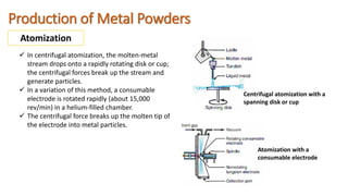 Production of Metal Powders
Atomization
 In centrifugal atomization, the molten-metal
stream drops onto a rapidly rotating disk or cup;
the centrifugal forces break up the stream and
generate particles.
 In a variation of this method, a consumable
electrode is rotated rapidly (about 15,000
rev/min) in a helium-filled chamber.
 The centrifugal force breaks up the molten tip of
the electrode into metal particles.
Atomization with a
consumable electrode
Centrifugal atomization with a
spanning disk or cup
 