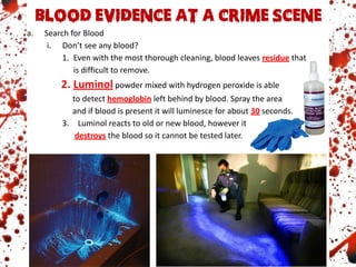 a. Search for Blood
i. Don’t see any blood?
1. Even with the most thorough cleaning, blood leaves residue that
is difficult to remove.
2. Luminol powder mixed with hydrogen peroxide is able
to detect hemoglobin left behind by blood. Spray the area
and if blood is present it will luminesce for about 30 seconds.
3. Luminol reacts to old or new blood, however it
destroys the blood so it cannot be tested later.
 