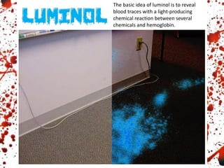 The basic idea of luminol is to reveal
blood traces with a light-producing
chemical reaction between several
chemicals and hemoglobin.
 
