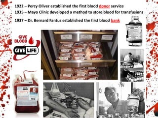 1922 – Percy Oliver established the first blood donor service
1935 – Mayo Clinic developed a method to store blood for transfusions
1937 – Dr. Bernard Fantus established the first blood bank
 