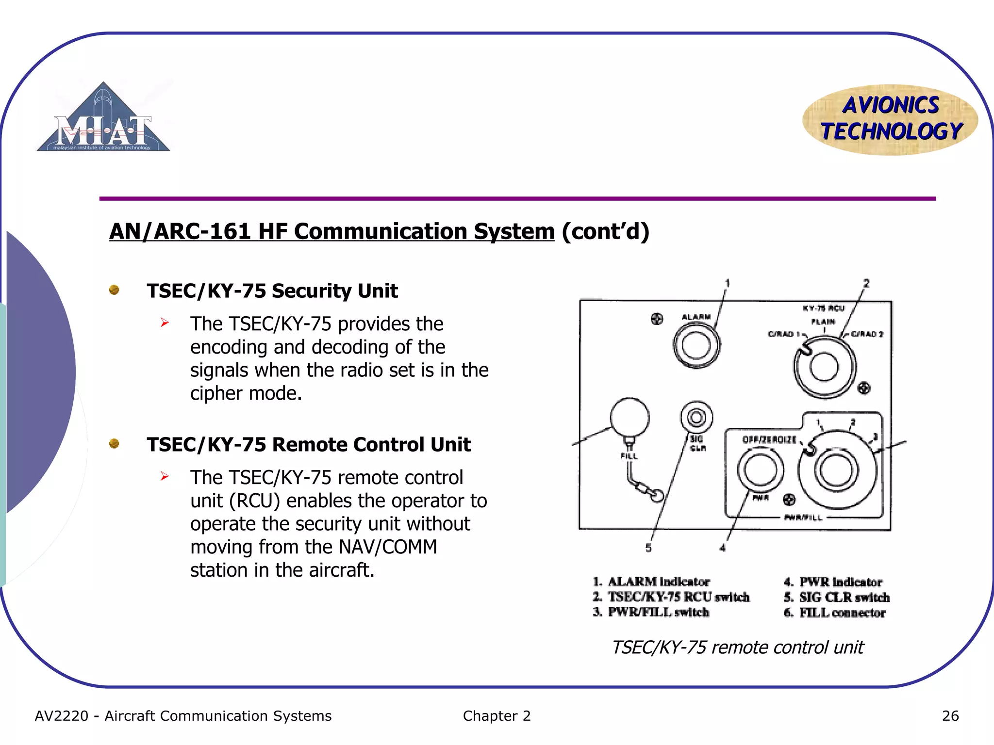 AVIONICS
TECHNOLOGY

AN/ARC-161 HF Communication System (cont’d)
TSEC/KY-75 Security Unit


The TSEC/KY-75 provides the
encoding and decoding of the
signals when the radio set is in the
cipher mode.

TSEC/KY-75 Remote Control Unit


The TSEC/KY-75 remote control
unit (RCU) enables the operator to
operate the security unit without
moving from the NAV/COMM
station in the aircraft.

TSEC/KY-75 remote control unit

AV2220 - Aircraft Communication Systems

Chapter 2

26

 