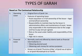 TYPES OF IJARAH
Based on The Contractual Relationship
1. Operating
Lease
• Original form of ijarah ‘ain
• Features of operating lease:
• Asset acqusition is in full ownership of the lessor – legal
and beneficial ownership
• Responsibility to maintain bear by the lessor in
administrative affairs and maintenance of asset; lessee
only responsible in the maintenance due to the usage
and has to pay rent per agreed.
• Risk on the asset ander liability and responsibility of the
lessor
• High risk in nature.
2. Financial
Lease
• Normally used and offered by Islamic bank as financial
intermediaries in:
• Obtaining desired asset
• Obtaining cash money for various purposes
• Known as al-Ijarah Thumma al-Bay’, al-Ijarah wa al-Iqtina’
or al-Ijarah Muntahiyah bi al-Tamlik.
12
 